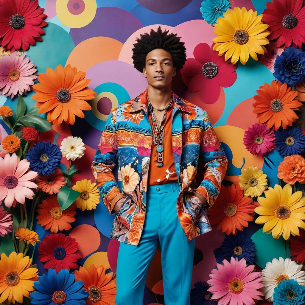 A colorful, whimsical scene featuring a flamboyant person wearing eclectic clothing, surrounded by vibrant patterns and bold accessories. Include surreal elements like oversized flowers and geometric shapes, representing the eccentric lifestyle. The background should be a riot of swirling colors, inviting viewers to embrace individuality and adventure. Add playful text in a funky font that says 'La Freak Lifestyle'. digital art. vibrant colors. playful style.