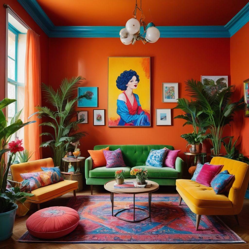 A vibrant, playful scene depicting a colorful room filled with eccentric decor: mismatched furniture, quirky art pieces, and unusual plants, reflecting a unique lifestyle. A person with a joyful expression, dressed in a creative outfit, engages in an unexpected activity like painting with bright splashes of color around. The overall mood is cheerful and imaginative, inviting viewers to embrace their quirks. super-realistic. vibrant colors. whimsical style.